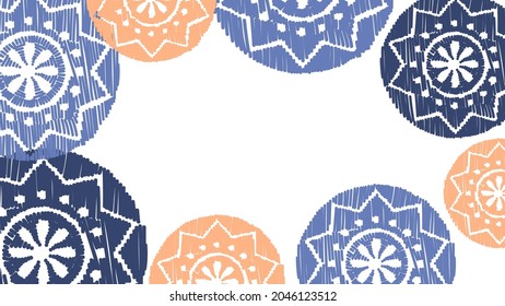 Vector. Perforated color patterns, hand-drawn Papel Picado pattern. Hispanic Heritage Month. Polygonal pattern for web banner, poster, cover, splash, social network. Line sketch. Beige and blue.