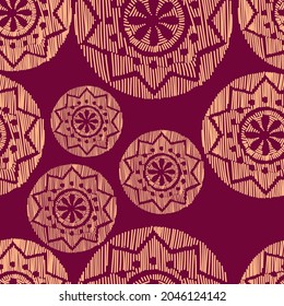 Vector. Perforated color patterns, hand-drawn Papel Picado pattern. Hispanic Heritage Month. Seamless pattern for web banner, poster, cover, splash, social network. Linear sketch. Beige and red.