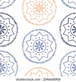 Vector. Perforated color patterns, hand-drawn Papel Picado pattern. Hispanic Heritage Month. Seamless pattern for web banner, poster, cover, splash, social network. Linear sketch. Beige and blue.