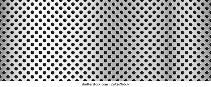 Vector perforated metal background. Realistic silver aluminium seamless pattern. Shiny iron dotted holes backdrop. 3d shape titanium sheet. Dot grill plate structure. Steel speaker grid construction