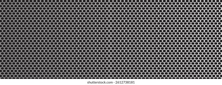 Vector perforated metal background. Realistic silver aluminium seamless pattern. Shiny iron dotted holes backdrop. 3d shape titanium sheet. 