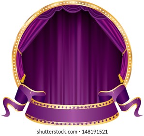 vector perforated purple blank banner on circle stage with violet curtain