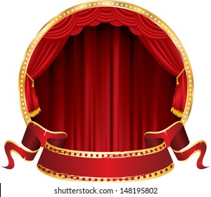 vector perforated red blank banner on circle stage with red curtain