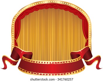 vector perforated red blank banner on ellipse stage with red and golden curtain