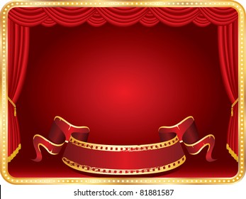 vector perforated red blank banner on horizontal stage with red curtain