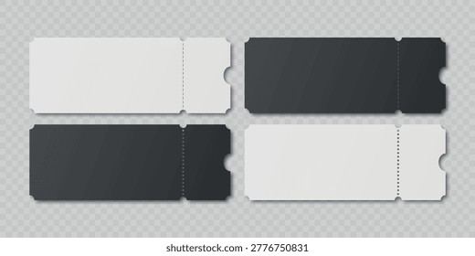 Vector Perforated Ticket Stub Template Set. Blank Admission, Event Tickets for Cinema, Theater, Concert, Festival. Voucher and Coupon. Black and White Tear-Off Design, Isolated, Front View