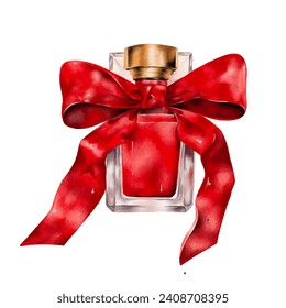 Vector perfume art. Modern fashion illustration of and red perfume in a glass bottle with a red satin bow. 