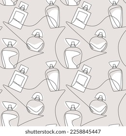 Vector perfume bottle icon seamless pattern. Continuous one line drawing illustration. Fashion wallpaper, beauty background, fabric, textile, print, wrapping paper or package design.