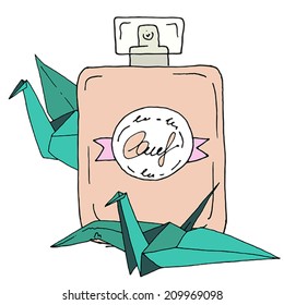 Vector perfume bottle with origami paper cranes in hand drawn sketch style