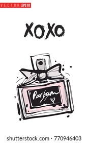 Vector perfume with motivational text: xoxo. Fashion accessory illustration in glamour style for beauty salon, shop, blog print. Isolated symbol on white background.