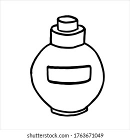 Vector Perfume Or Serum Booster Round Bottle. Hand Drawn Sketch Illustration. Linear Icon