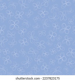 Vector periwinkle blue Fluttering Flowers seamless pattern. Doodled outlines of flowers and butterflies dancing on a periwinkle blue background. Part of Blossoms and Butterflies collection.