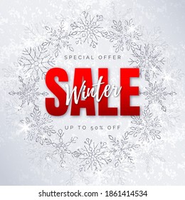 Vector perl shiny discount poster. White and red text Winter Sale in the round frame of glitter silver Snowflakes. Textured background.