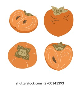 Vektorpersimmongrafik. Einzeln handgezeichnete Persimmons auf weißem Hintergrund im flachen Stil. Obst-Design-Elemente