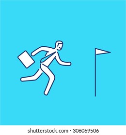 Vector persistence and perseverance skills icon of businessman running to his goal flag | modern flat design soft skills linear illustration and infographic on blue background