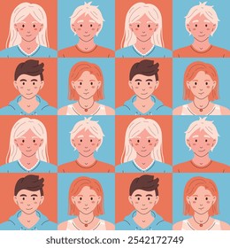 Vector person avatars background. Seamless pattern with portraits of people. Social media avatar characters. Human faces. Girls and Boys. Wrapping design.