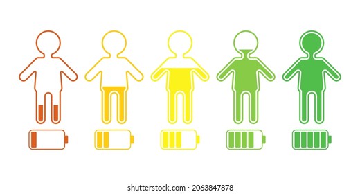 Vector person battery charging icons set. Concept of business, mood, emotion, depression, success, idea.