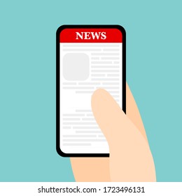 Vector a person is catching up on news with their smartphone, a person is reading a news on smartphone, a person’s hand is holding a smartphone, illustration