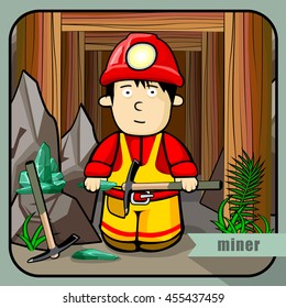 Vector person character portrait. Miner portrait isolated on mines background. Cartoon style. Human profession icon.