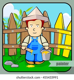 Vector person character portrait. Painter portrait isolated on unpainted fence background. Cartoon style. Human profession icon.