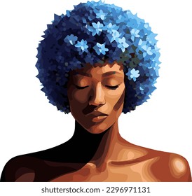 Vector person of colour blue flower afro mindfulness peace beauty