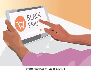 vector of person fingers hand scrolling online shopping black friday sale campaign and holding on smart phone tablet gadget illustration