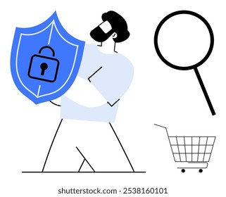 Vector de persona que sostiene el escudo con la cerradura, la lupa y el Carrito de compras. Ideal para ciberseguridad, seguridad de compras en línea, protección de datos, medidas de privacidad y transacciones seguras. Sencillo