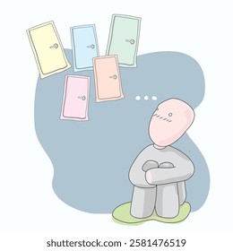 Vector of a person holding their knee, feeling confused about the choices they cannot make by the symbolic of floating doors in the air, doodle cartoon character with flat colors on white background.