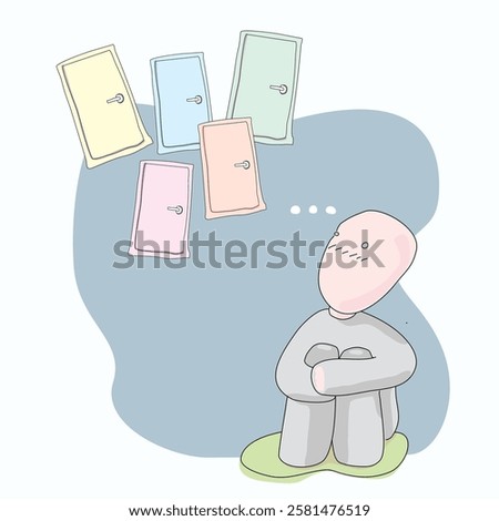 Vector of a person holding their knee, feeling confused about the choices they cannot make by the symbolic of floating doors in the air, doodle cartoon character with flat colors on white background.