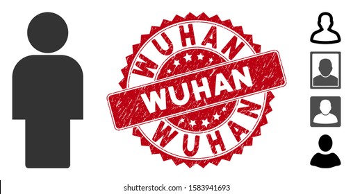 Vector person icon and rubber round stamp watermark with Wuhan phrase. Flat person icon is isolated on a white background. Wuhan stamp uses red color and rubber surface. Bonus icons are added.
