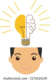 a vector of a person with only a head and above it there is an image of a yellow light and a brain which means a person who likes to think.