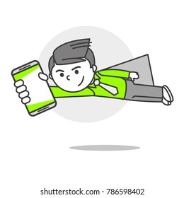 Vector person with phone emotions and mood confidence, flight