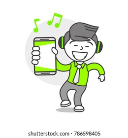 Vector person with phone emotions and mood playing music, headphones, joy