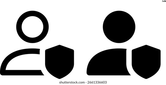 Pessoa de vetor com ícone de escudo em contorno e estilos sólidos para UI e web design, 48px, margem de 10%