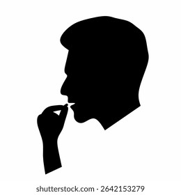 Vector person taking medicine. Human head with open mouth and hand holding pill. Isolated on white background. Vector silhouette