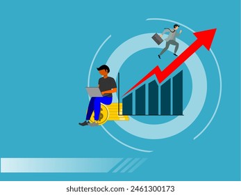 vector of a person using a laptop in flat design style, laptop with user icon, increase icon. illustration with a blue background