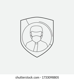 Vector of person wearing a mask to guard. Protection from germs. Line art sign illustration.