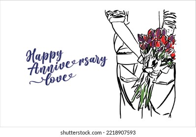 Vector of a person who holding a bouquet of flower for their love with word Happy Anniversary. Suitable to card or wishes to celebrate another year together.