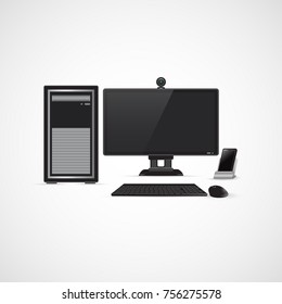 Vector Personal Computer Midi Tower with Monitor, Keyboard and pc mouse, mobile phone.