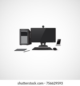 Vector Personal Computer Midi Tower with Monitor, Keyboard and pc mouse, mobile phone and graphic tablet.