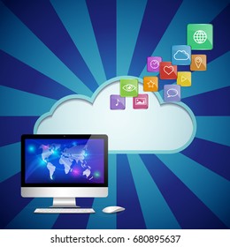 Vector personal computer with a mouse and keyboard and icons symbolizing applications and services on the background of the file storage icon