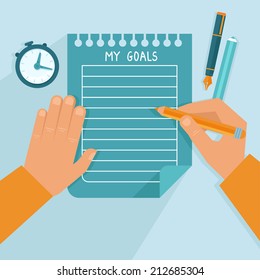 Vector Personal Goals List In Flat Style - Man Writing On The Notebook Page