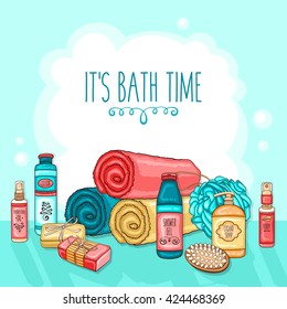 Vector personal hygiene background with bathroom equipment, towels and cosmetics 