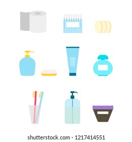 Vector personal hygiene set of bathroom equipment, cosmetics and tools like toothbrushes, sponge, soap and etc. in a trendy design. Vector cartoon illustration.