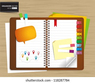 Vector personal organizer features on wood background