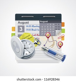 Vector personal organizer icon. Includes notepad with calendar, pocket watch, pen, sticky note and map
