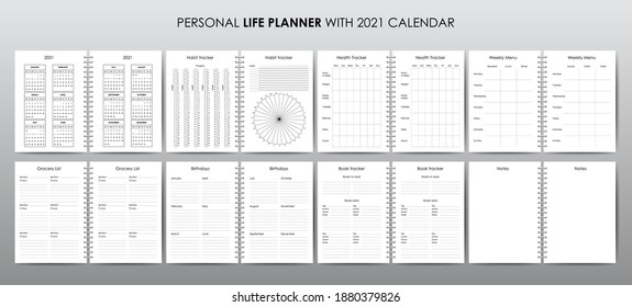 Vector personal planner or agenda pages, organizer with calendar 2021