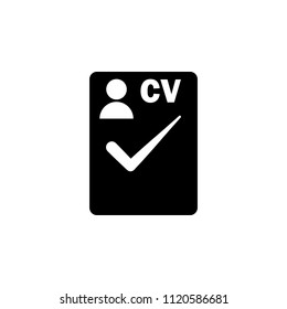 Vector of personal recruitment information, CV document with check mark isolated icon on white background.