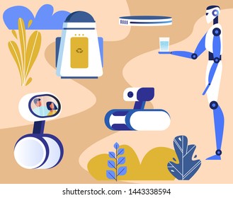Vector Personal Robots and Machines for Human Help Illustration. Flat Cartoon Home Robotic Personal Assistants for Automation Household Help Procuring Servicing, Security and Video-Call. Natural Style