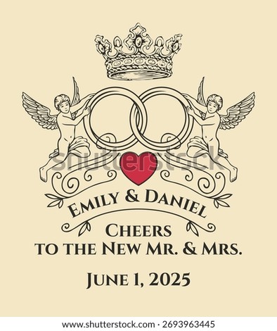 A vector personalized alcohol bottle label with a with a heart sign, angels and a crown. With vintage inscriptions. For wedding, anniversaries, and holidays. No AI